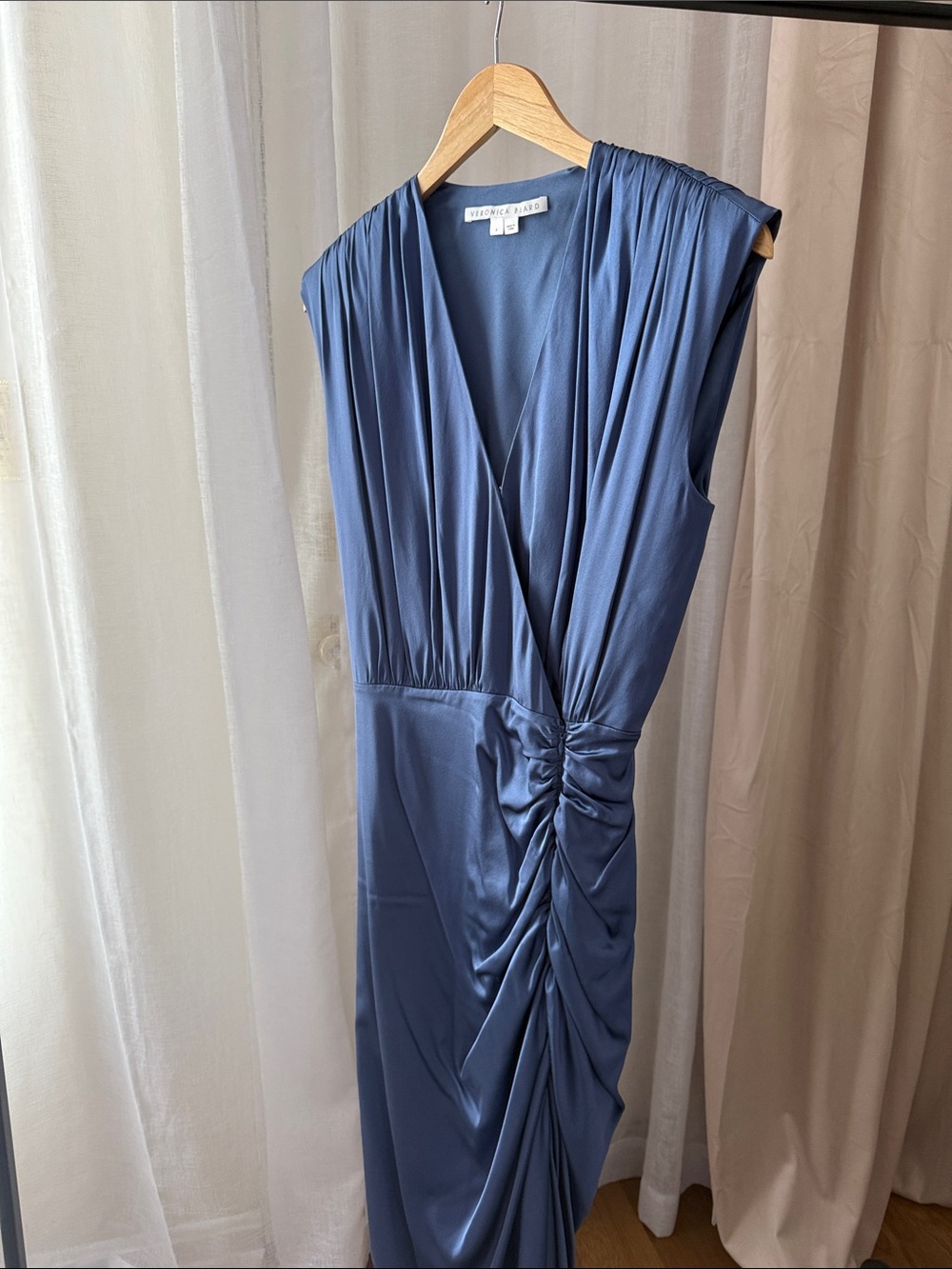 Veronica Beard Steel Blue Ruched V-Neck Maxi Dress